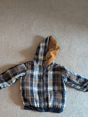 Plaid Hooded Sherpa-Lined Jacket - Navy, Brown, Cream